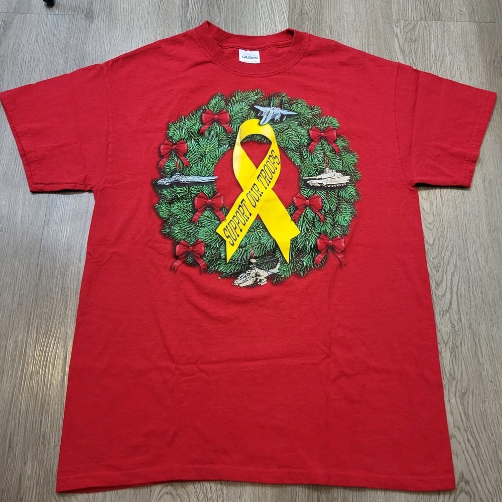 Vtg Military Christmas T- Shirt Support Our Troops Gildan Heavy Cotton Sze. L